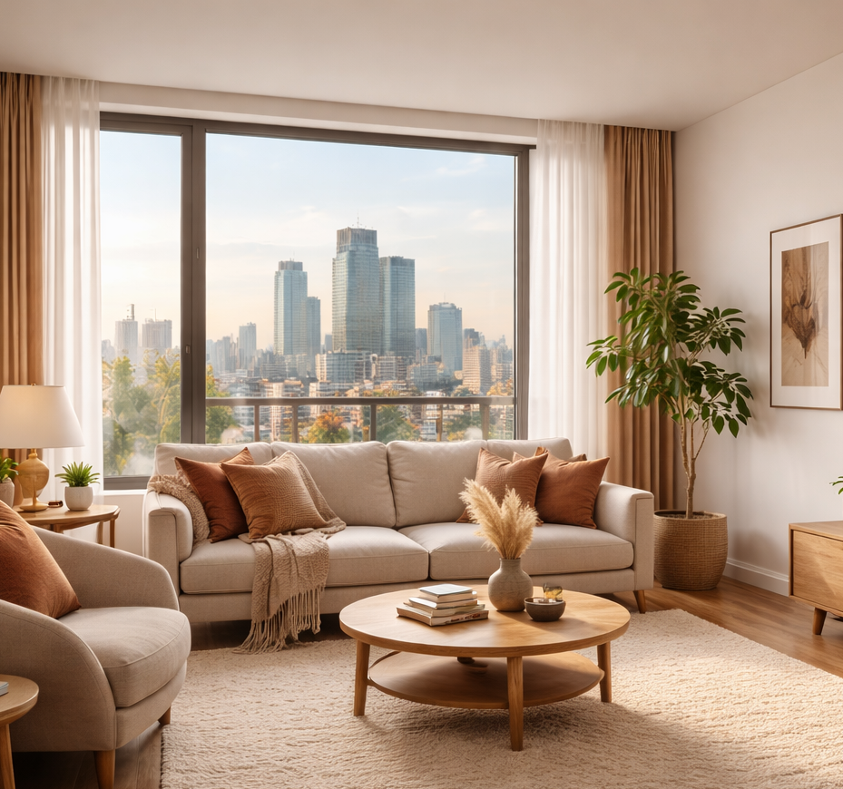 Уютная современная квартира в Казахстане в скандинавском стиле: светлая гостиная