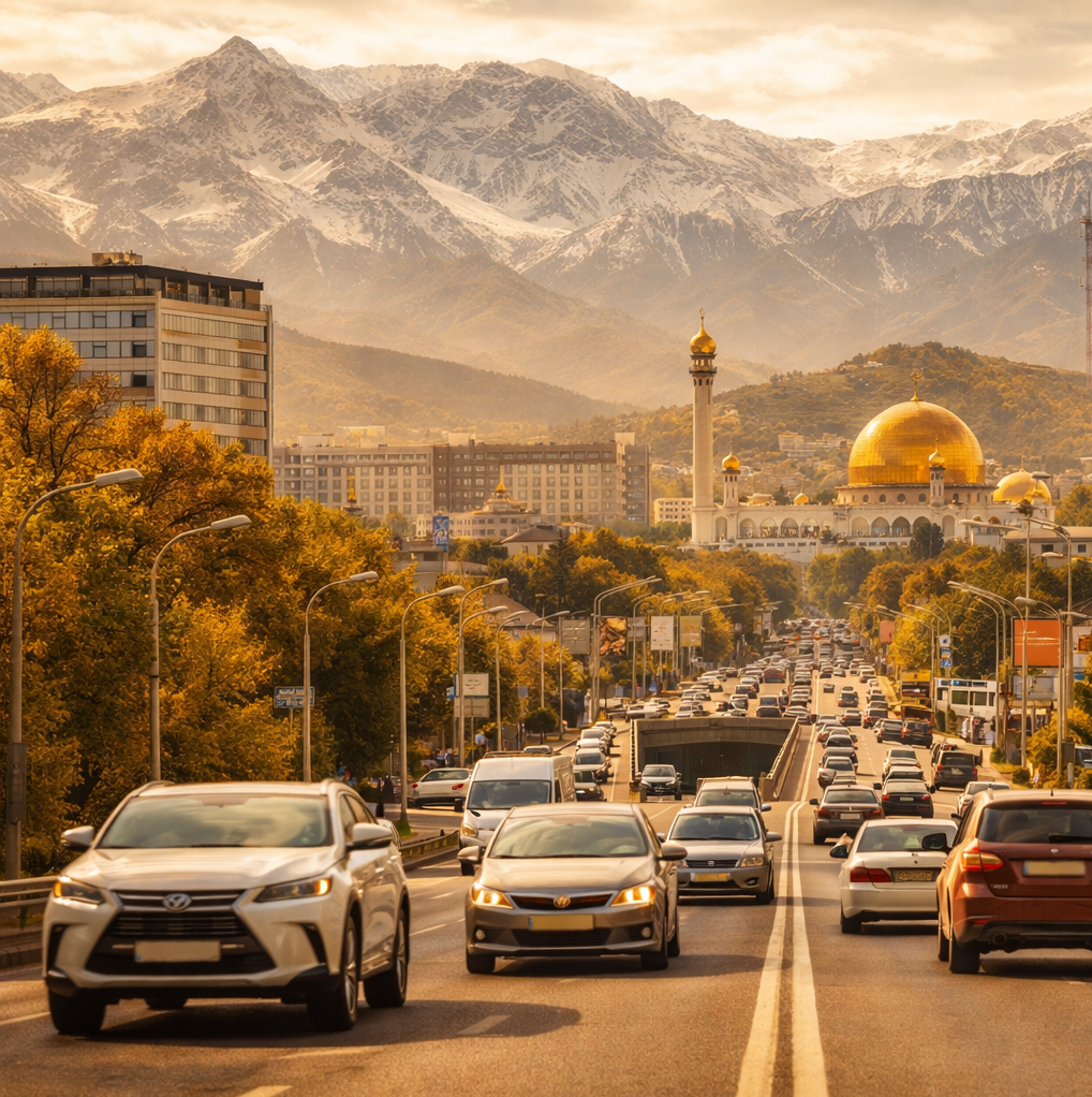 Осенняя улица Алматы с крупными автомобилями на переднем плане